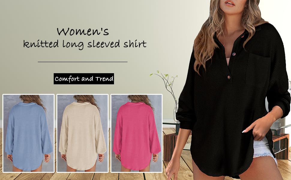 Waffle Knit Tops for Women Oversized Waffle Knit Shirt Cute Clothes Tops Sweatshirt for Women with Pocket