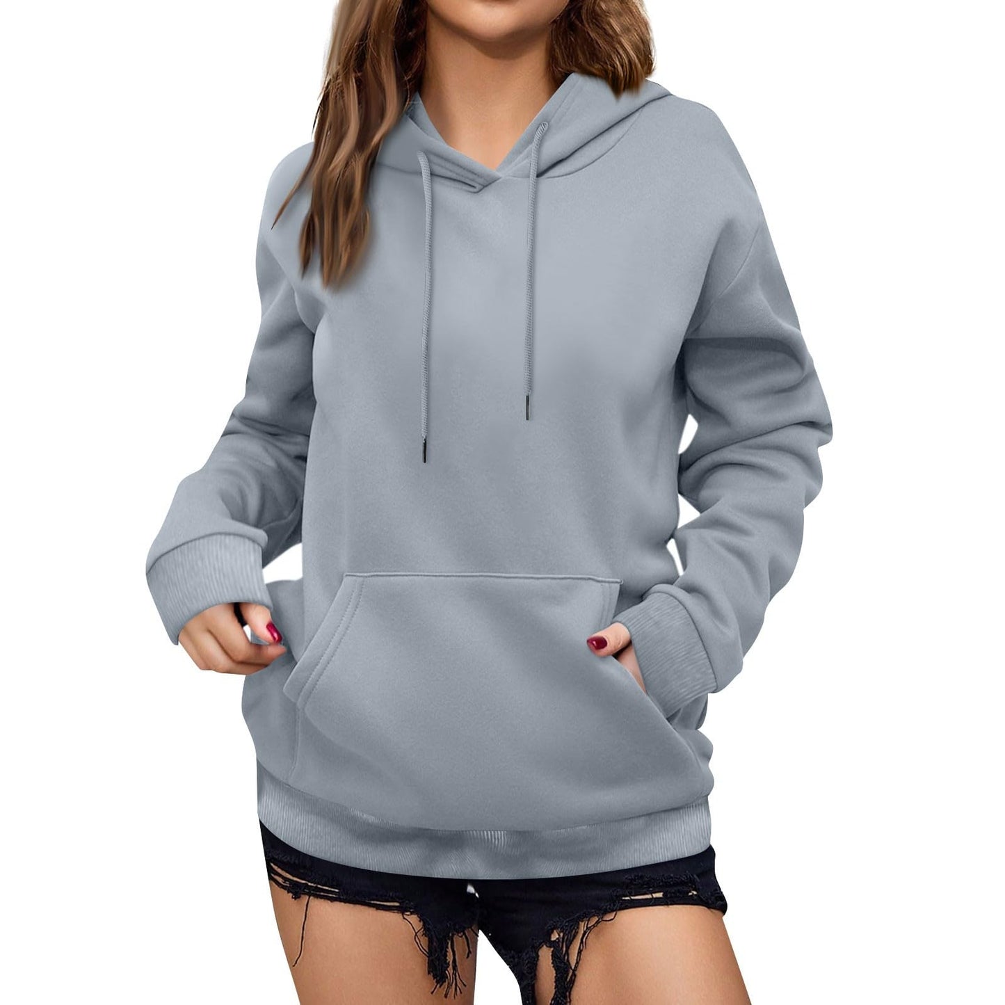 Women's Casual Hoodies Long Sleeve Lightweight Solid Pullover Tops Loose Fall Winter Sweatshirt with Pocket
