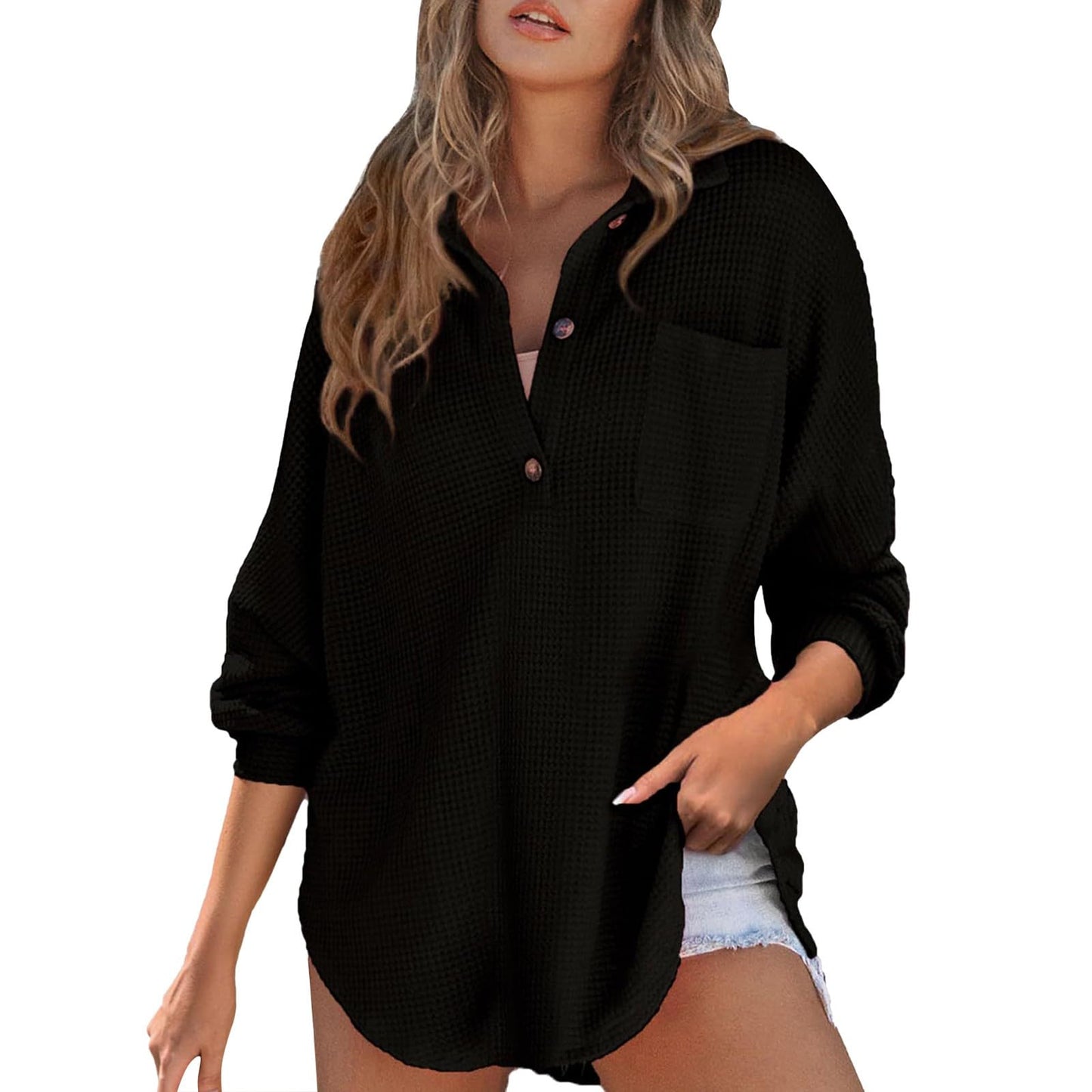 Waffle Knit Tops for Women Oversized Waffle Knit Shirt Cute Clothes Tops Sweatshirt for Women with Pocket