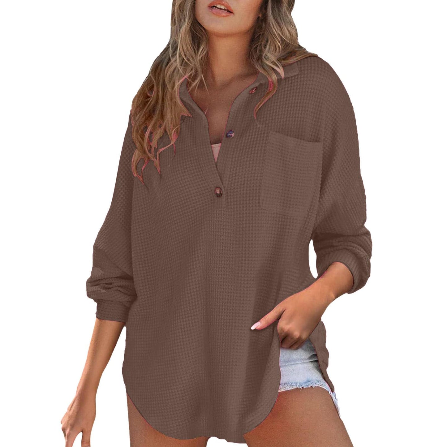 Waffle Knit Tops for Women Oversized Waffle Knit Shirt Cute Clothes Tops Sweatshirt for Women with Pocket
