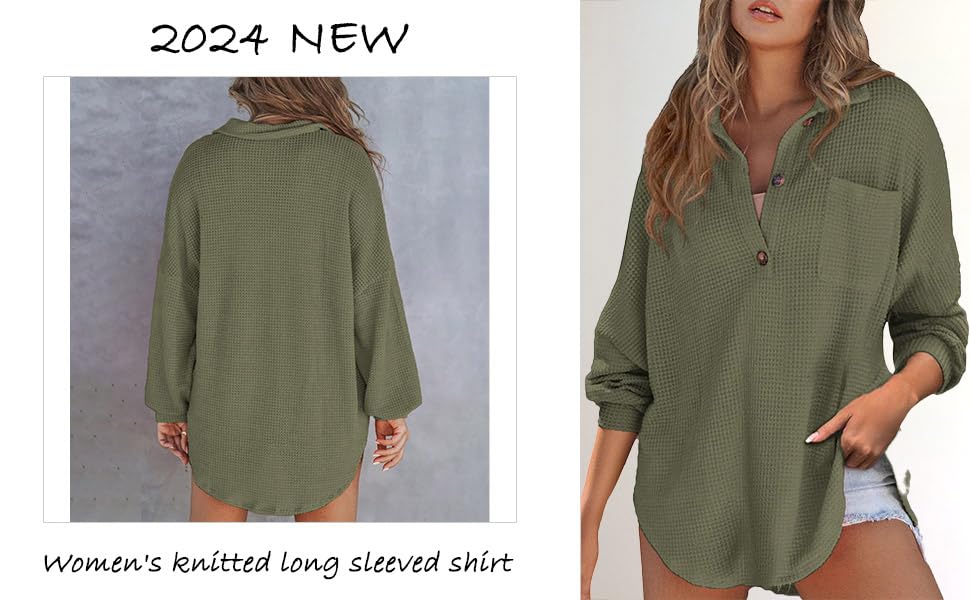 Waffle Knit Tops for Women Oversized Waffle Knit Shirt Cute Clothes Tops Sweatshirt for Women with Pocket