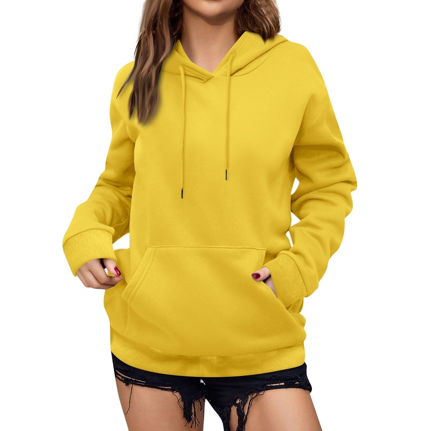 Women's Casual Hoodies Long Sleeve Lightweight Solid Pullover Tops Loose Fall Winter Sweatshirt with Pocket