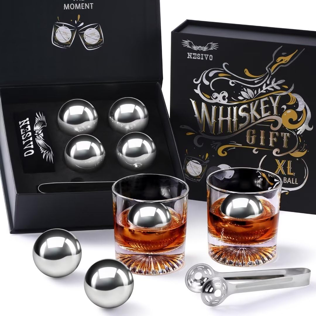 PONPUR Golf Gifts for Men Golfer, 4X Whiskey Golf Balls with 1 Tongs, Birthday, Anniversary, for Dad Him Husband, Reusable Stainless Steel Golf Ice Balls Whiskey Gift for Golf Lover