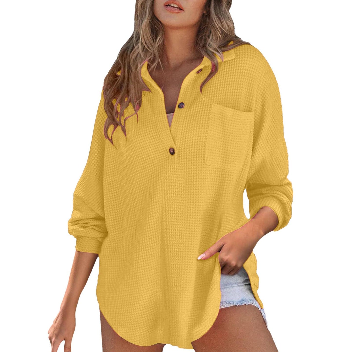 Waffle Knit Tops for Women Oversized Waffle Knit Shirt Cute Clothes Tops Sweatshirt for Women with Pocket