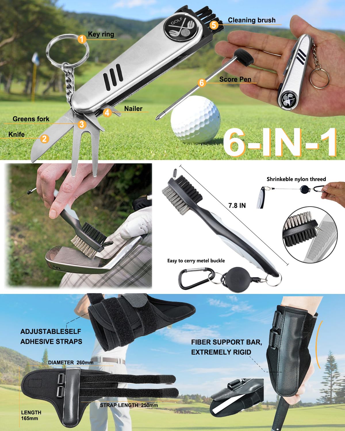 Golf Accessories Kit, Golf Gifts for Men & Women, Golf Essentials Tools, Golf Stuff Gear, Golf Tees, Golf Club Regripping Kit, Divot Repair Tool,Golf Club Brush