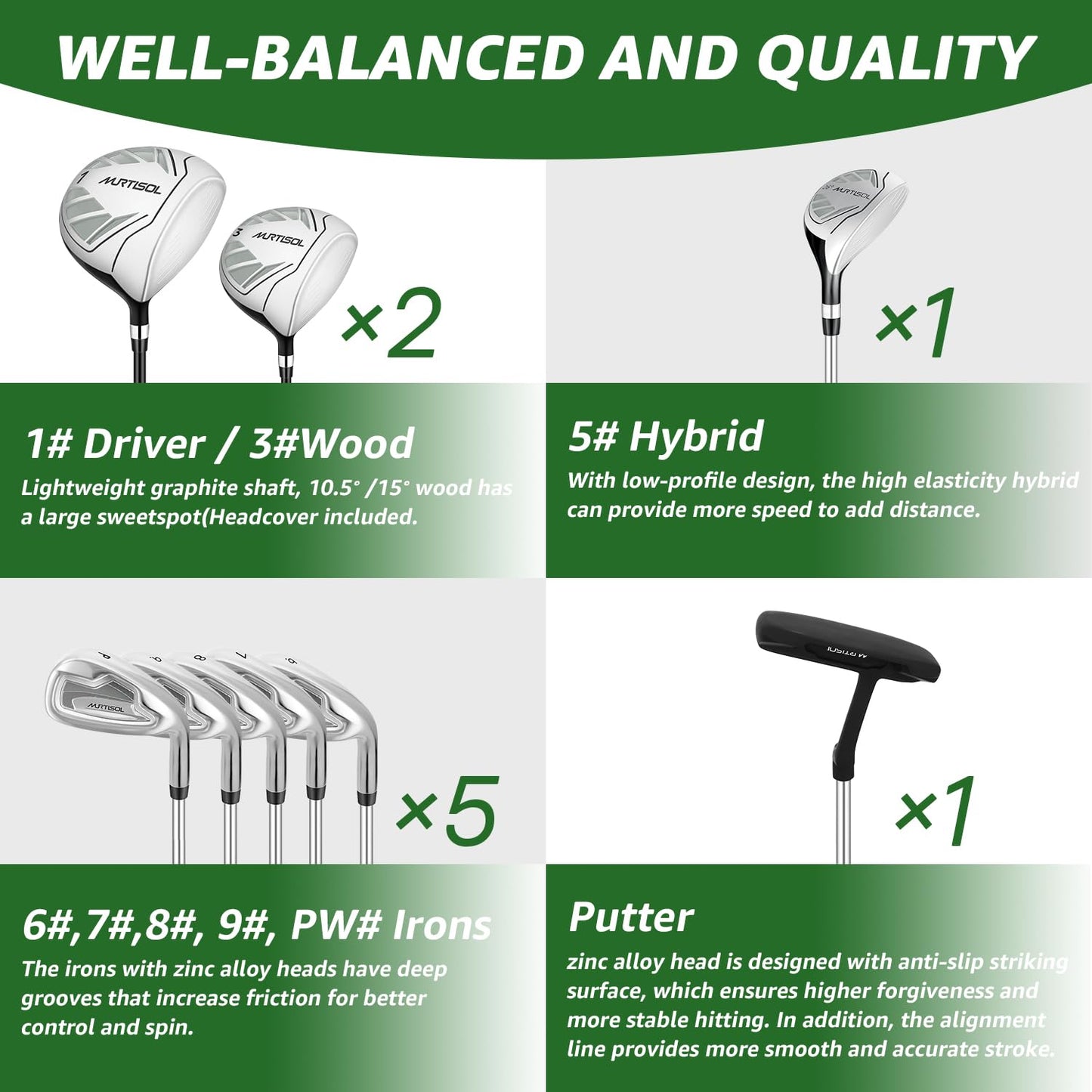 10 Pieces Complete Mens Golf Clubs Set Right Hand for Men Includes Stand Bag with Rain Hood, 1#Driver 3#Wood #5 Hybrid,with 3 Head Covers, 6# 7# 8# 9# PW# Irons and Putter