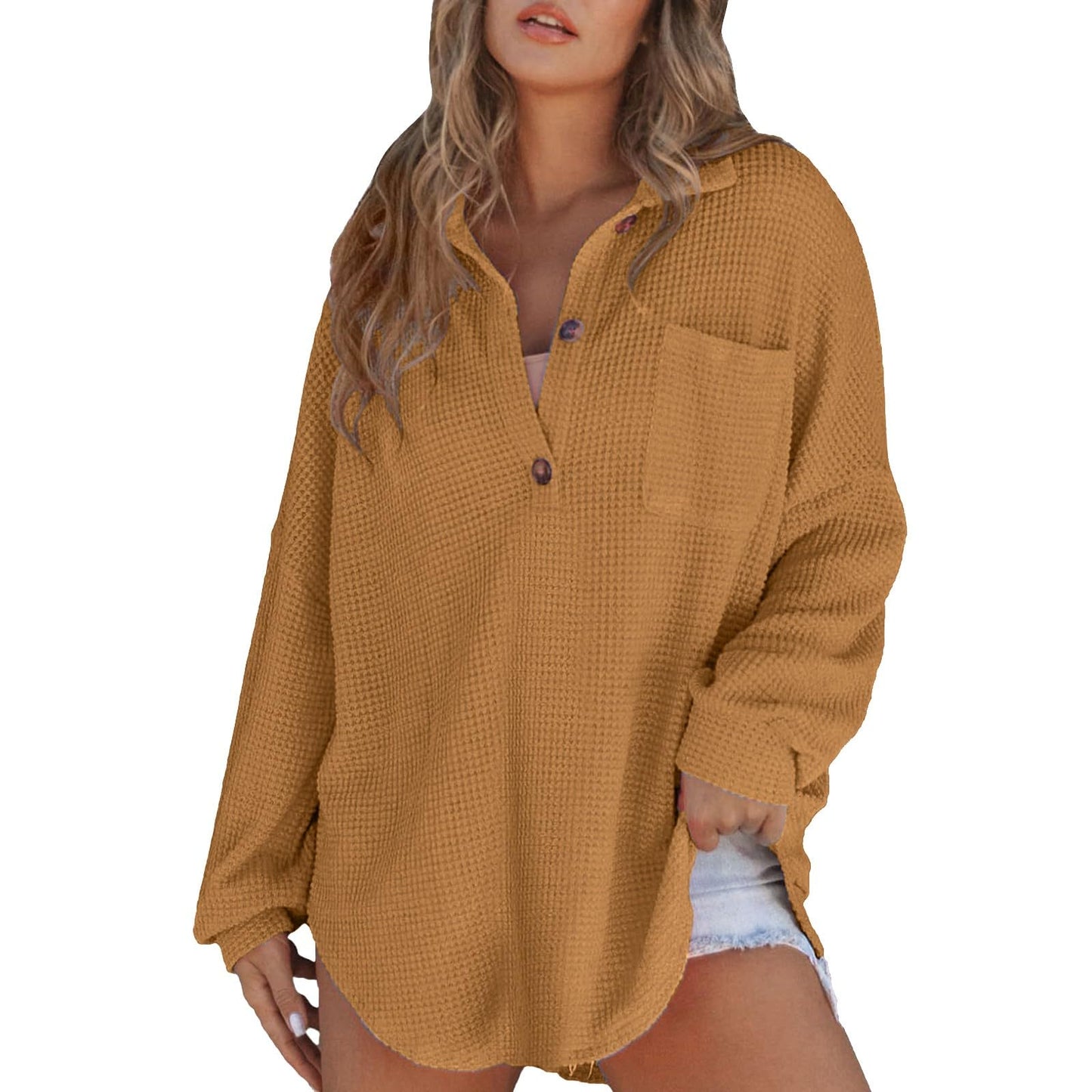 Waffle Knit Tops for Women Oversized Waffle Knit Shirt Cute Clothes Tops Sweatshirt for Women with Pocket