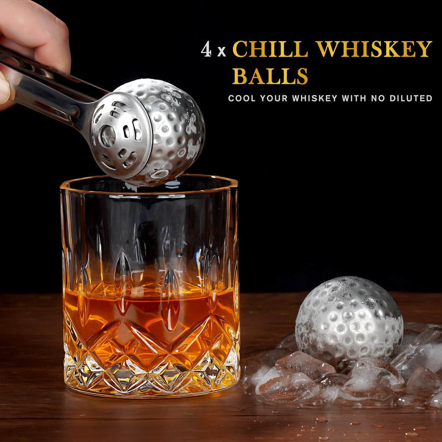 PONPUR Golf Gifts for Men Golfer, 4X Whiskey Golf Balls with 1 Tongs, Birthday, Anniversary, for Dad Him Husband, Reusable Stainless Steel Golf Ice Balls Whiskey Gift for Golf Lover