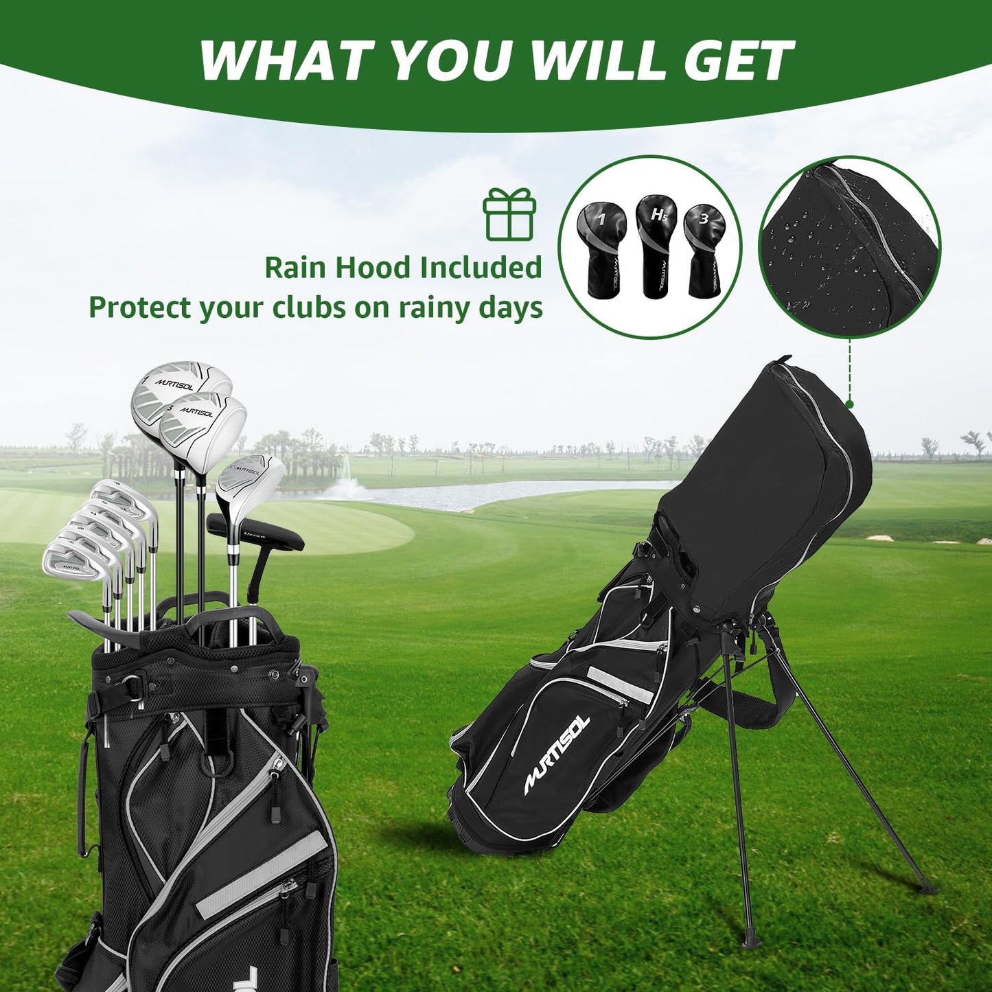 10 Pieces Complete Mens Golf Clubs Set Right Hand for Men Includes Stand Bag with Rain Hood, 1#Driver 3#Wood #5 Hybrid,with 3 Head Covers, 6# 7# 8# 9# PW# Irons and Putter