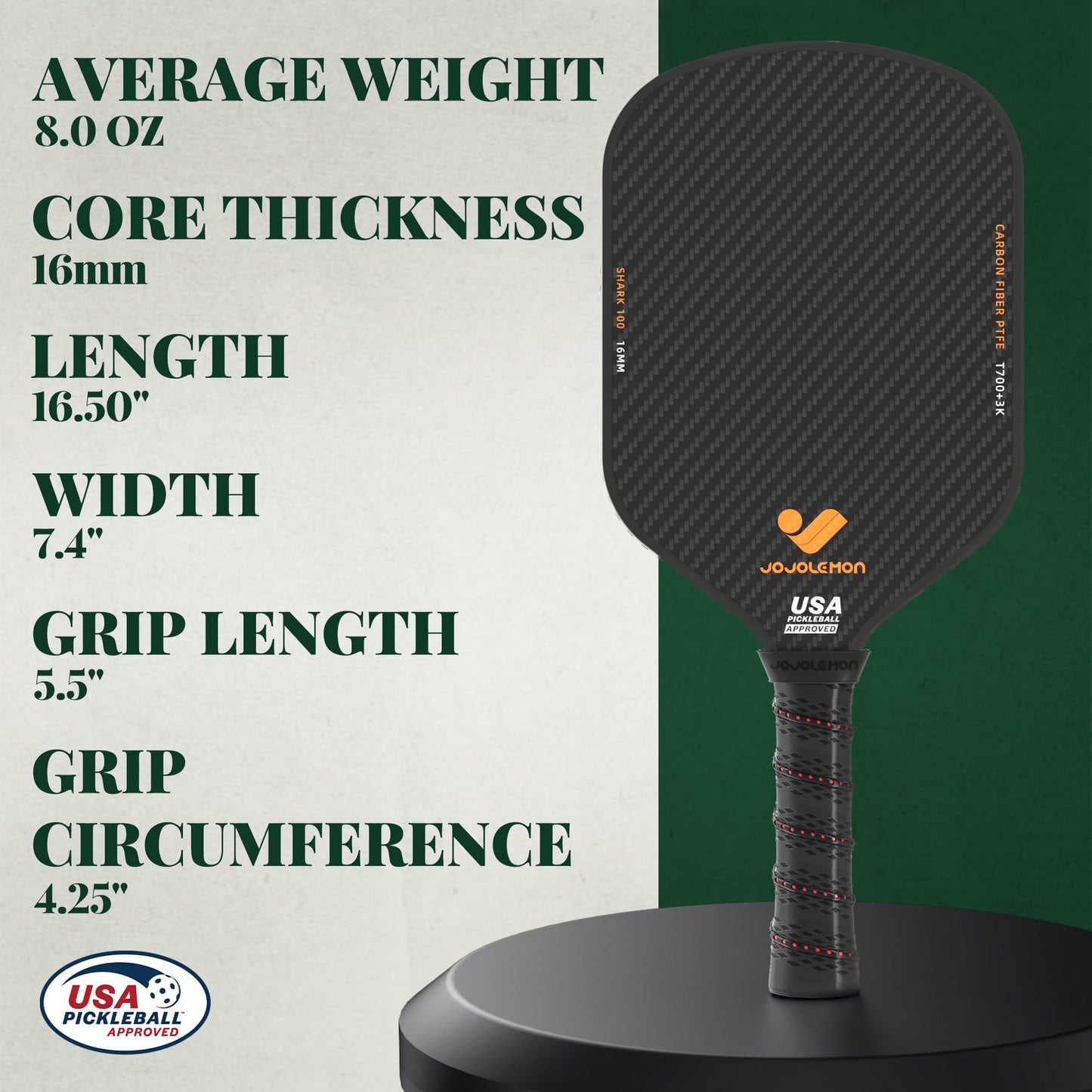 Pickleball Paddles, Carbon Fiber Pickleball Paddle with a 16mm Shark Power Polymer Core, The Pickleball Rackets Designed for Ultimate Spin & Consistency