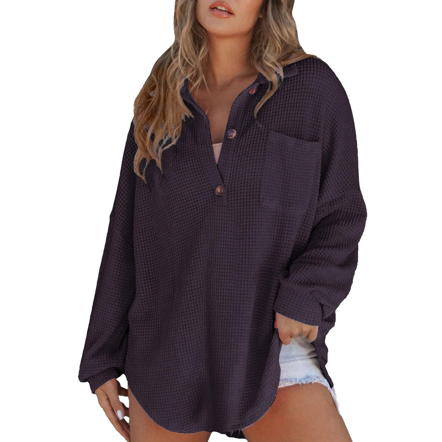 Waffle Knit Tops for Women Oversized Waffle Knit Shirt Cute Clothes Tops Sweatshirt for Women with Pocket