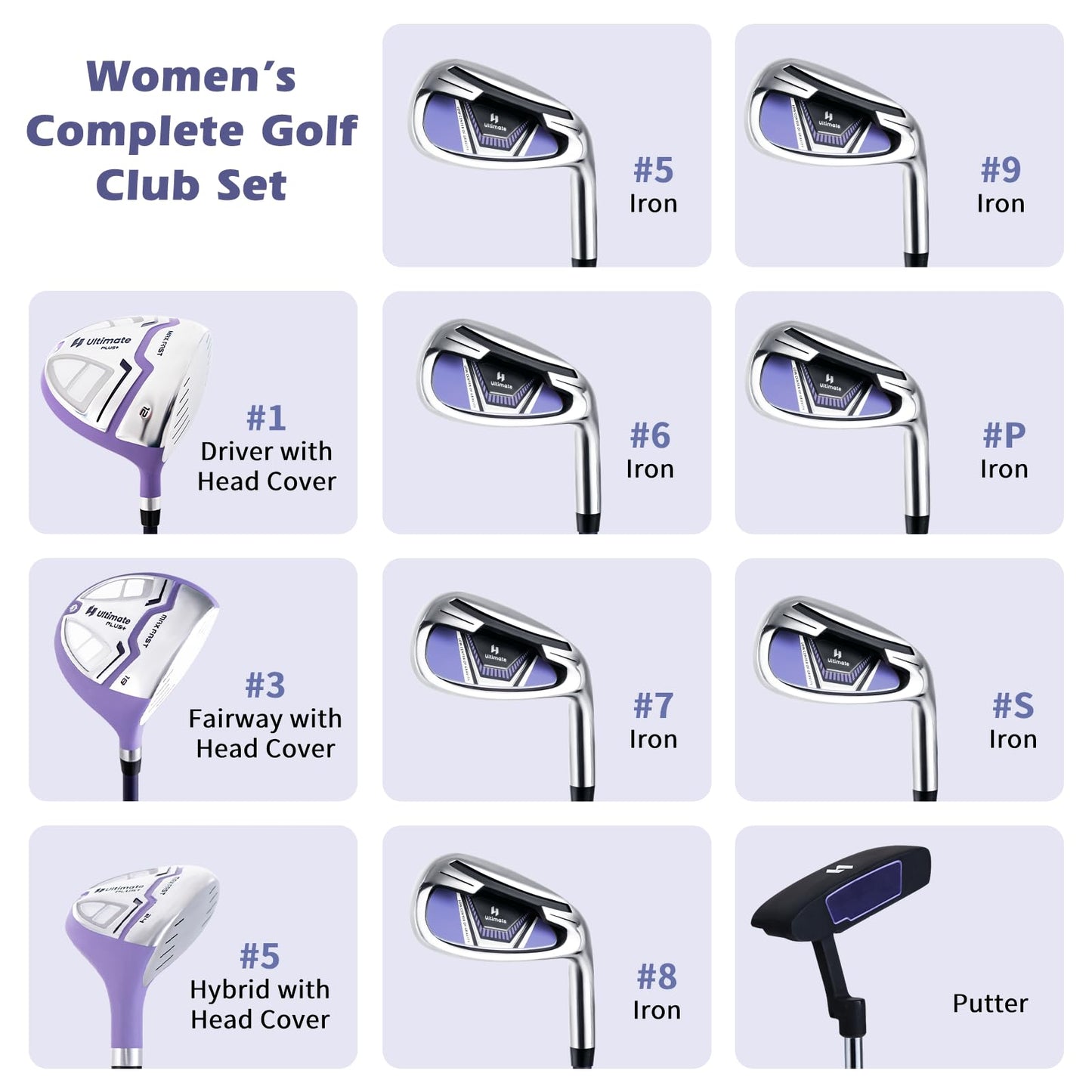 Tangkula 12 Pieces Women’s Complete Golf Club Set Right Hand, Golf Club Package Set with 460CC #1 Driver & #3 Fairway & #5 Hybrid & #5/#6/#7/#8/#9/#P/#S Irons, Putter, Portable Golf Cart Bag