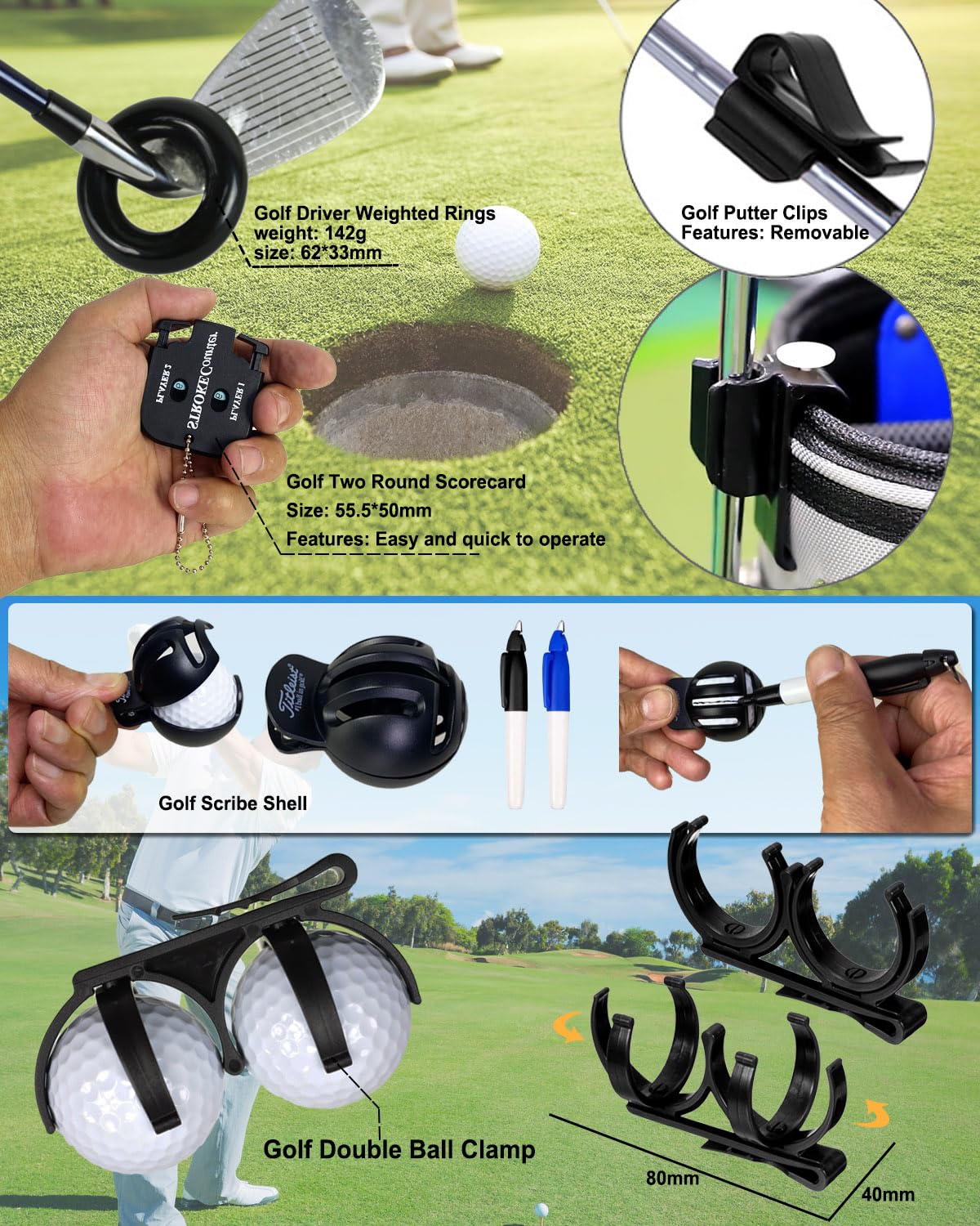 Golf Accessories Kit, Golf Gifts for Men & Women, Golf Essentials Tools, Golf Stuff Gear, Golf Tees, Golf Club Regripping Kit, Divot Repair Tool,Golf Club Brush