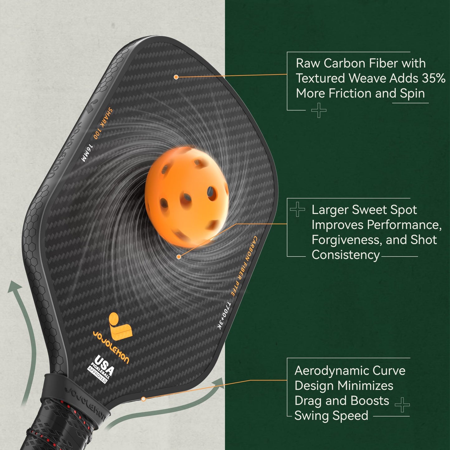 Pickleball Paddles, Carbon Fiber Pickleball Paddle with a 16mm Shark Power Polymer Core, The Pickleball Rackets Designed for Ultimate Spin & Consistency