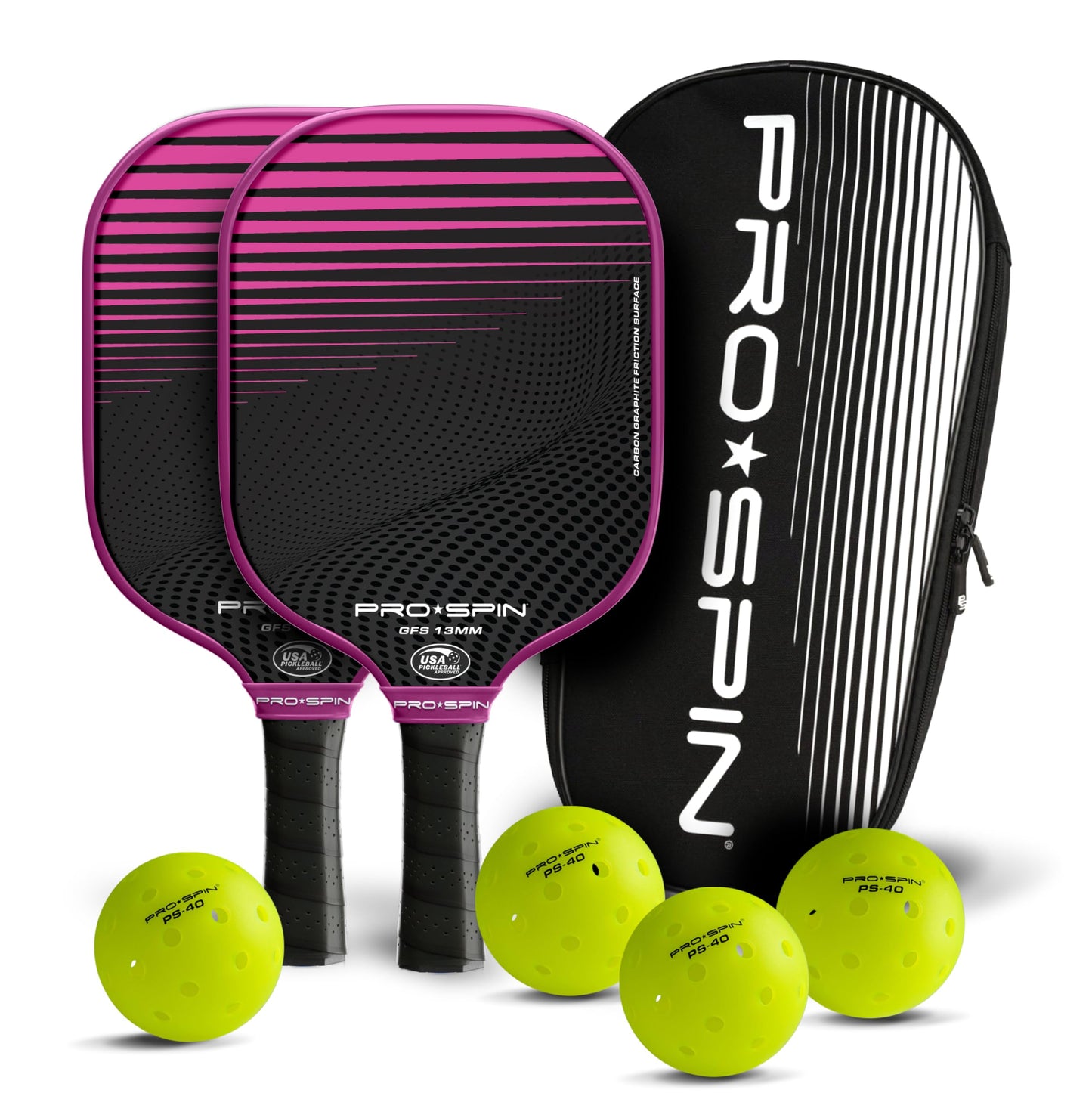 PRO SPIN Pickleball Paddles - USAPA-Approved Graphite Carbon Friction Surface Paddle - Set of 2 has Indoor/Outdoor Balls, Bag for Equipment & Accessories - Pickle Ball Gift for Women, Men, Kids