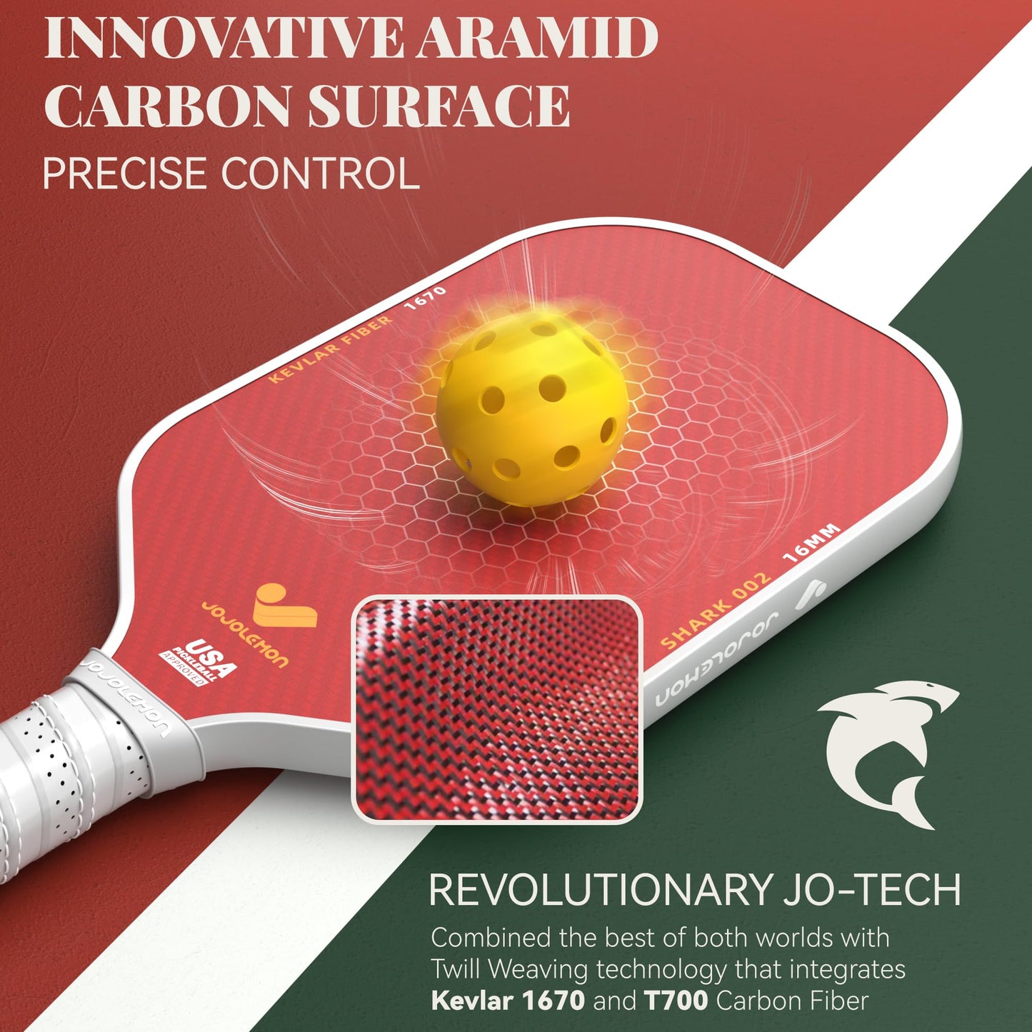 Pickleball Paddles, Carbon Fiber Pickleball Paddle with a 16mm Shark Power Polymer Core, The Pickleball Rackets Designed for Ultimate Spin & Consistency