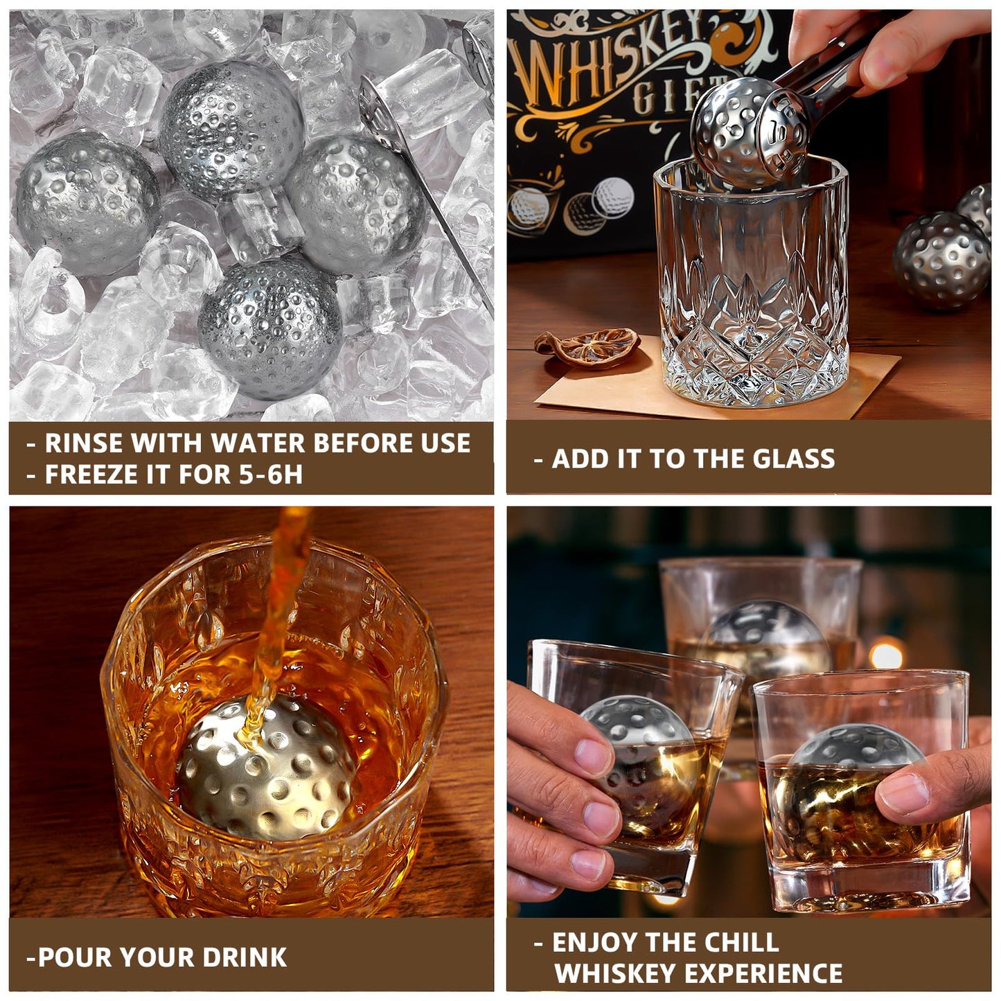 PONPUR Golf Gifts for Men Golfer, 4X Whiskey Golf Balls with 1 Tongs, Birthday, Anniversary, for Dad Him Husband, Reusable Stainless Steel Golf Ice Balls Whiskey Gift for Golf Lover