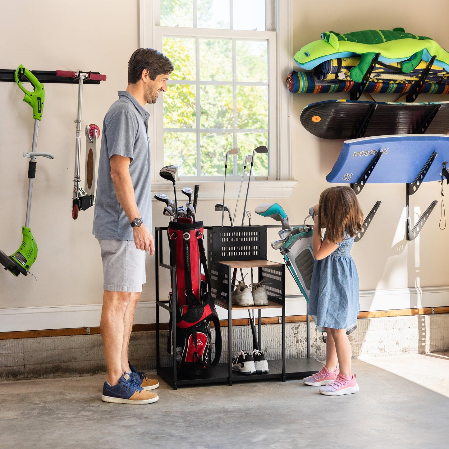 Teal Triangle Golf Storage Organizer, Heavy Duty Garage Freestanding Storage, Holds Golf Clubs, Bags, Golf Accessories, Golf Gifts for Men