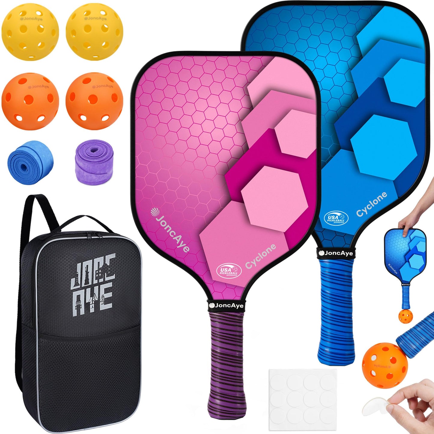 Pickleball-Paddles-Set of 4 or 2 Rackets by JoncAye, USAPA Approved Pickle-Ball Equipment with Balls, Bag, Accessories, Fiberglass Graphite Pickleball Racquet Set for Men, Women, Kids, Adults