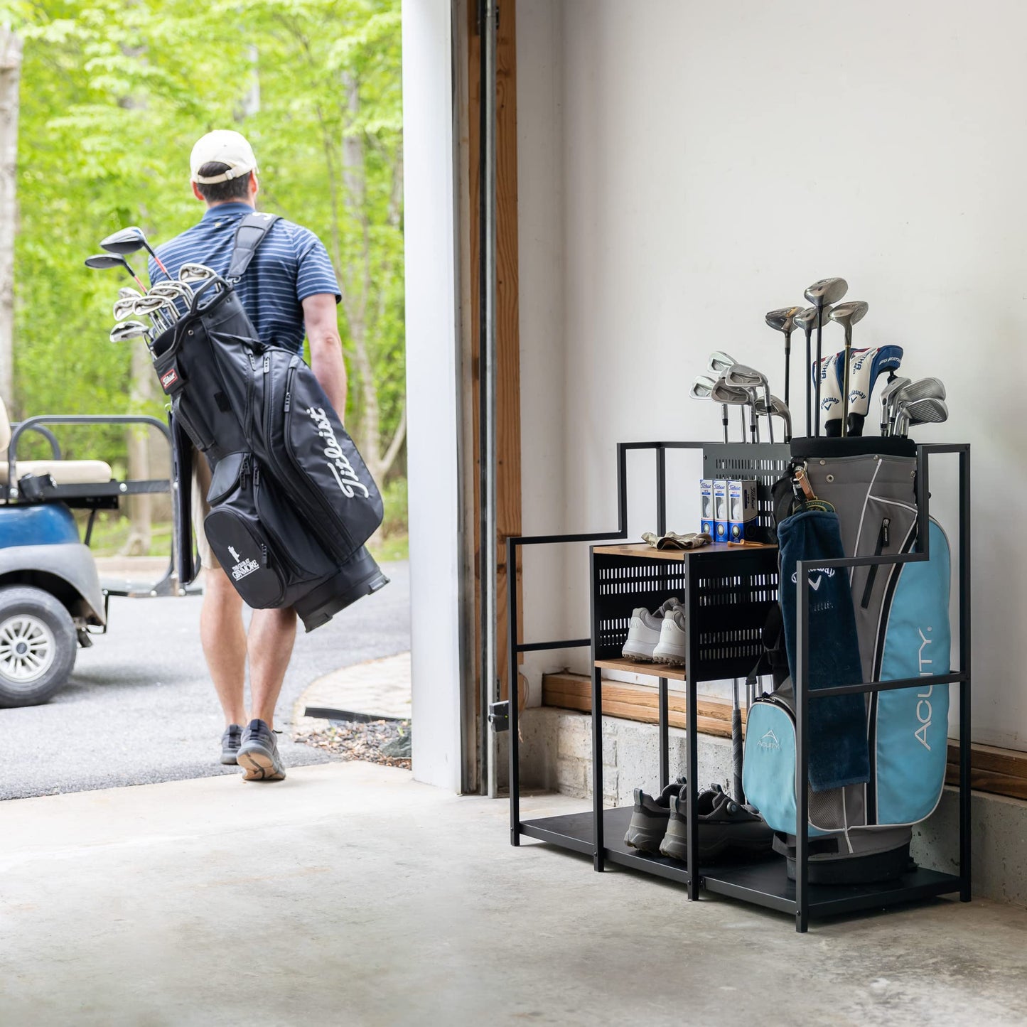 Teal Triangle Golf Storage Organizer, Heavy Duty Garage Freestanding Storage, Holds Golf Clubs, Bags, Golf Accessories, Golf Gifts for Men