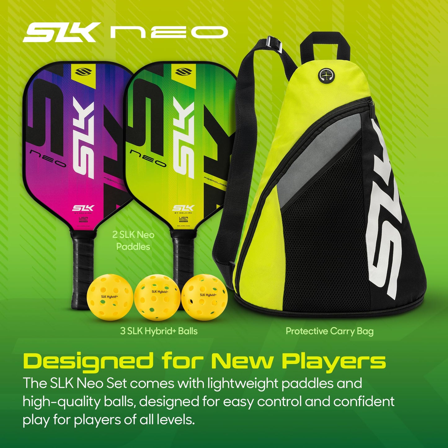 Selkirk Sport SLK Pickleball Paddles Set of 2 | Designed in The USA | Choose The SLK Neo Graphite, SLK Neo Fiberglass Pickleball Set or SLK Atlas Pickleball Bundle