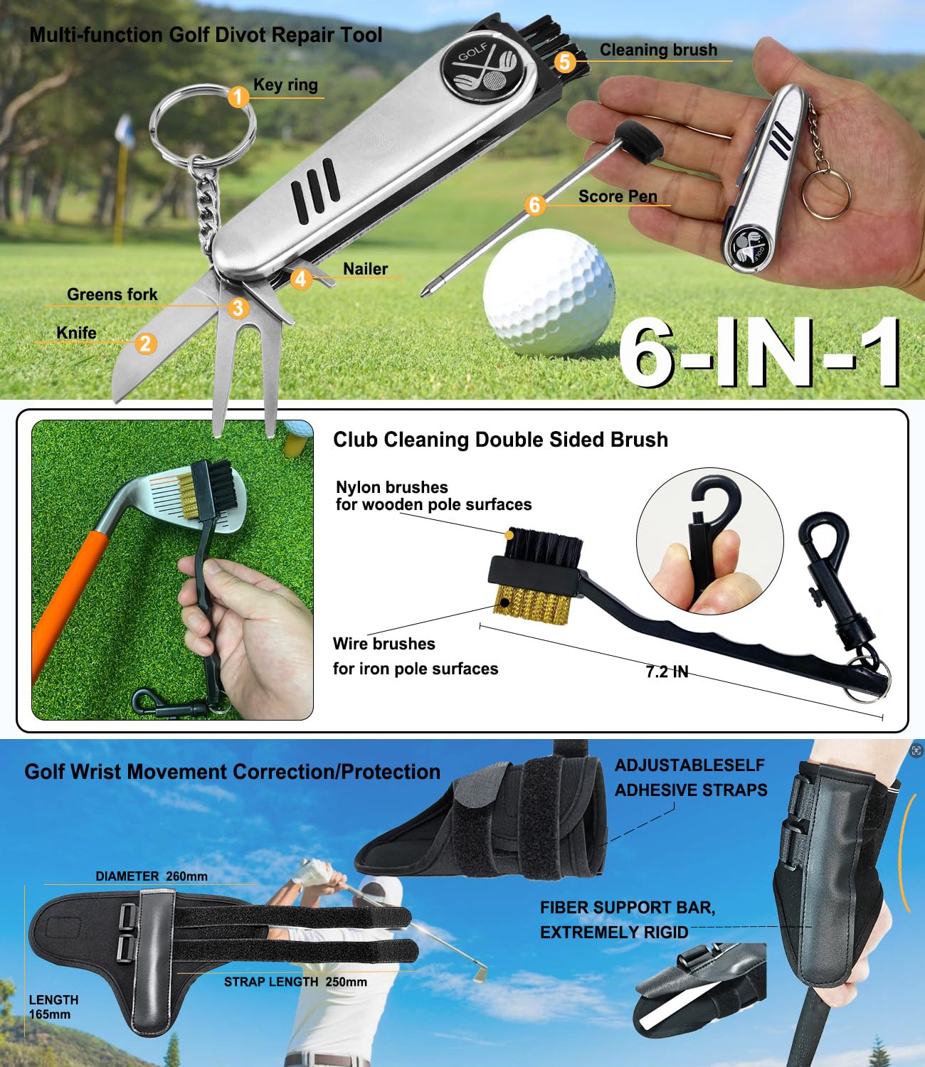 Golf Accessories Kit, Golf Gifts for Men & Women, Golf Essentials Tools, Golf Stuff Gear, Golf Tees, Golf Club Regripping Kit, Divot Repair Tool,Golf Club Brush