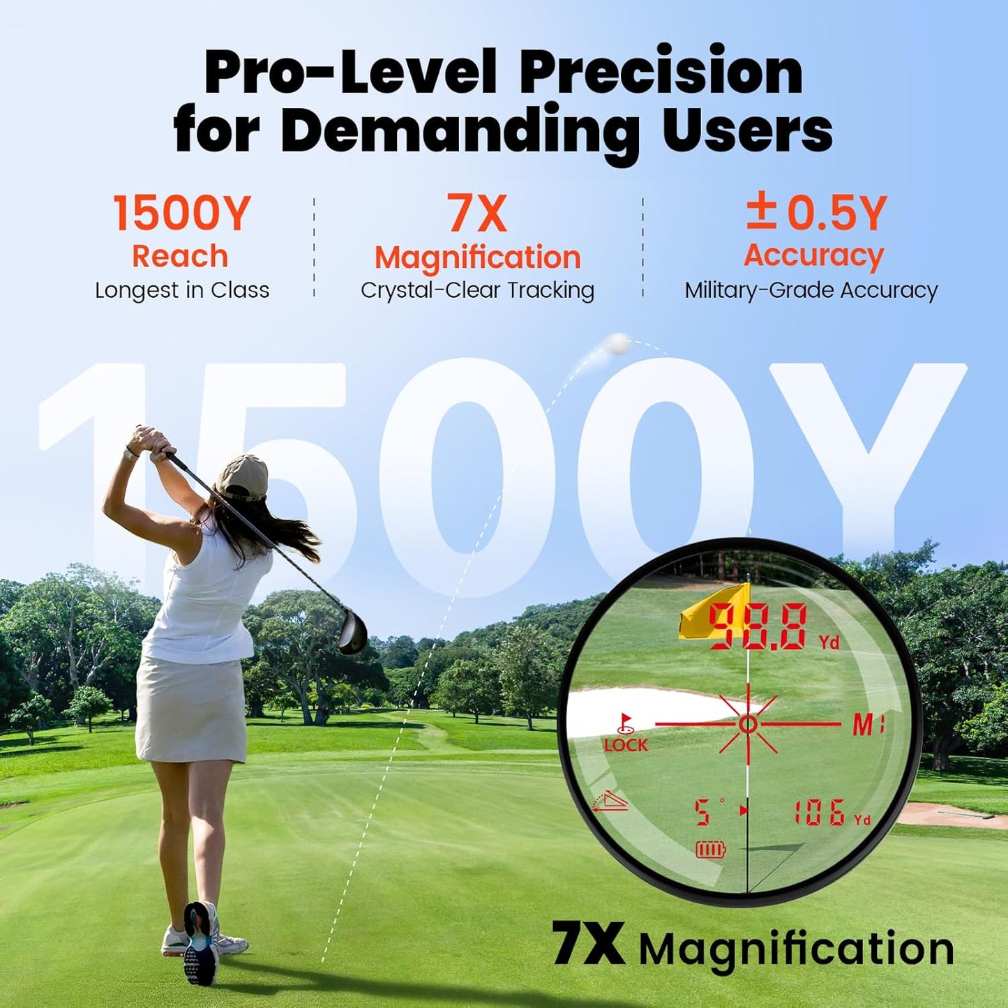 Golf Laser Rangefinder with Slope, 1500Y Range Finder, 0.3s Flagpole Locking Vibration, 7X Magnification, Magnet Stripe, 85% Transmission Lens for Golfing/Hunting, Golf Accessories for Men