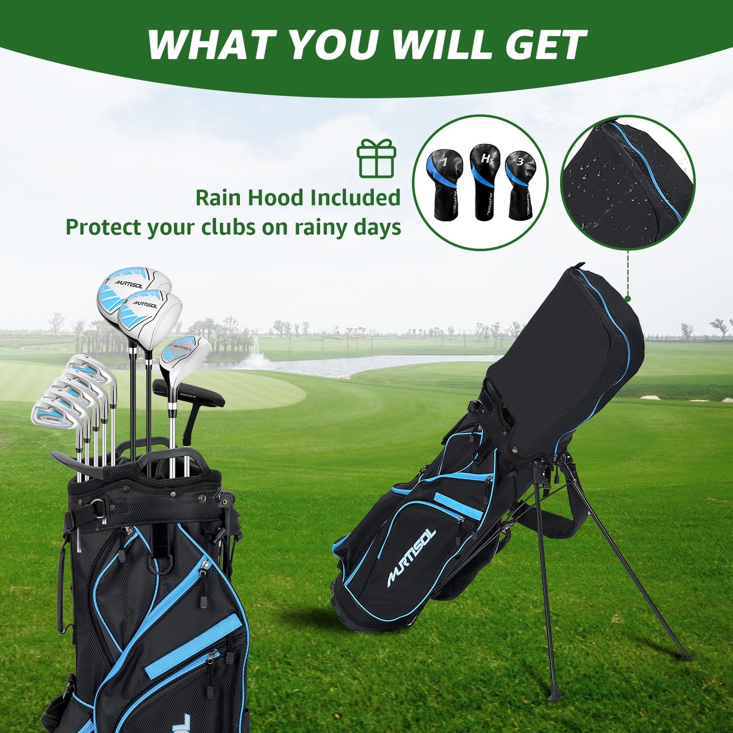 10 Pieces Complete Mens Golf Clubs Set Right Hand for Men Includes Stand Bag with Rain Hood, 1#Driver 3#Wood #5 Hybrid,with 3 Head Covers, 6# 7# 8# 9# PW# Irons and Putter