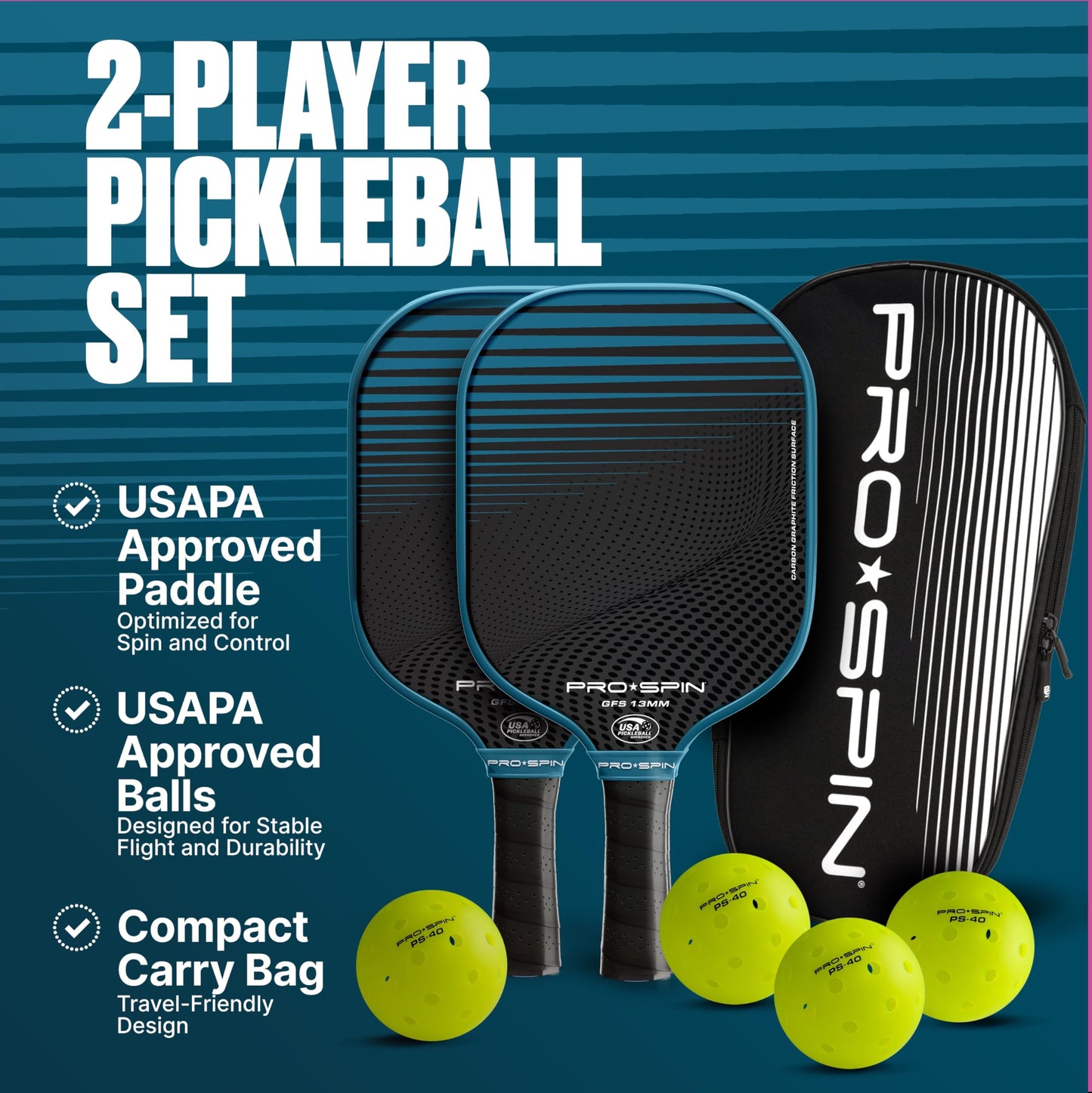 PRO SPIN Pickleball Paddles - USAPA-Approved Graphite Carbon Friction Surface Paddle - Set of 2 has Indoor/Outdoor Balls, Bag for Equipment & Accessories - Pickle Ball Gift for Women, Men, Kids