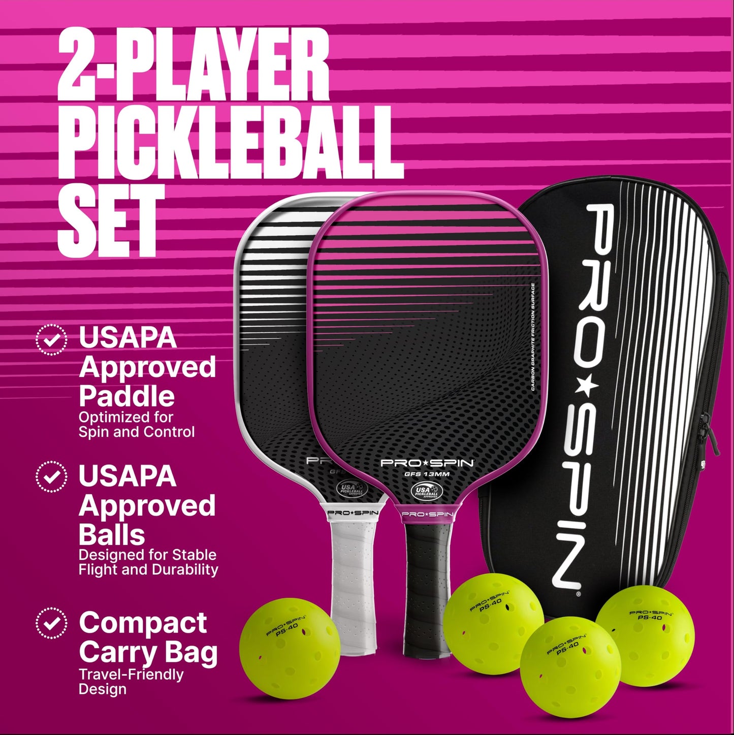 PRO SPIN Pickleball Paddles - USAPA-Approved Graphite Carbon Friction Surface Paddle - Set of 2 has Indoor/Outdoor Balls, Bag for Equipment & Accessories - Pickle Ball Gift for Women, Men, Kids