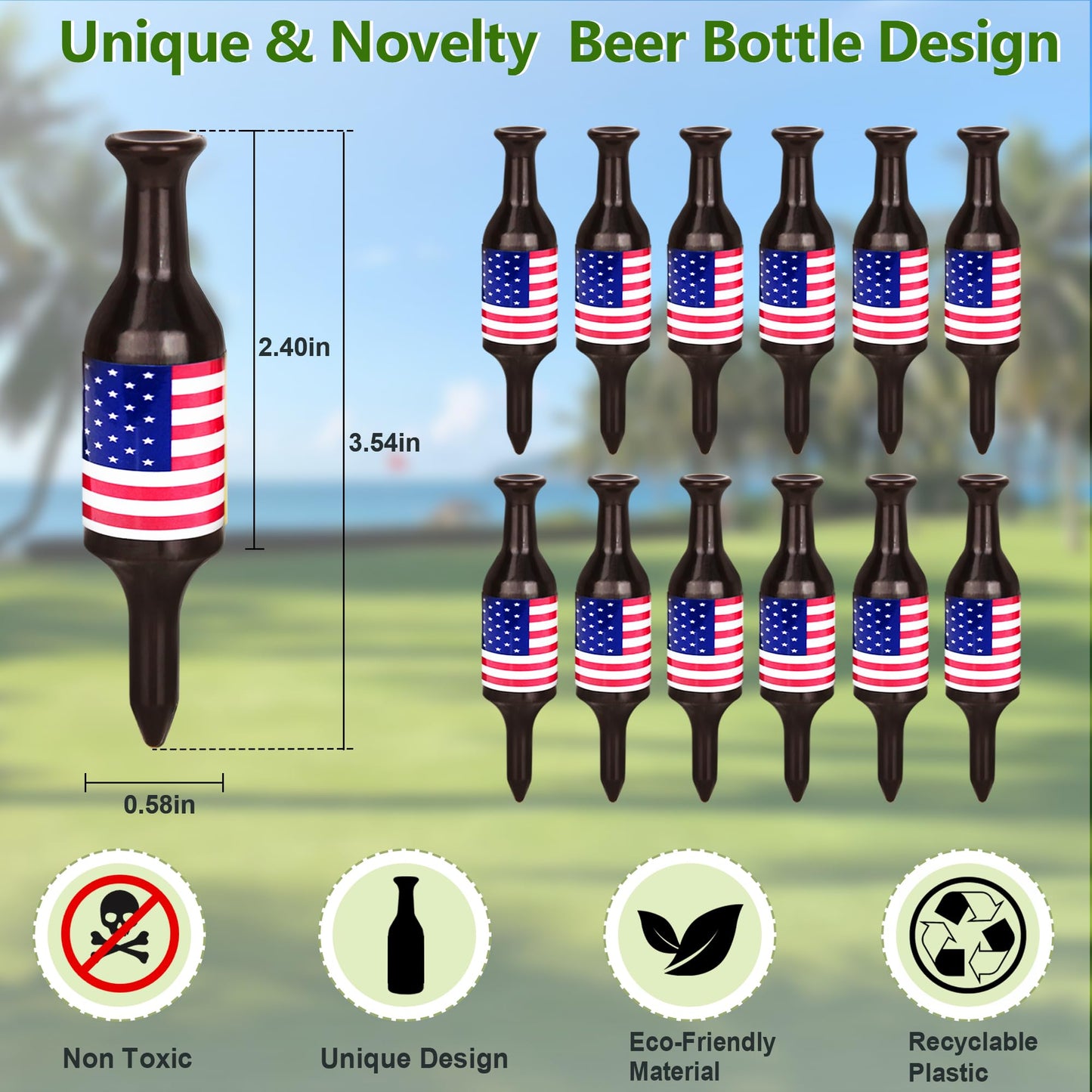 Golf Tees 12 Per Set, Golf Accessories, Beer Bottle Golf Tee Gifts for Men Women, Father, Golfers, 3.54" Tall, Plastic