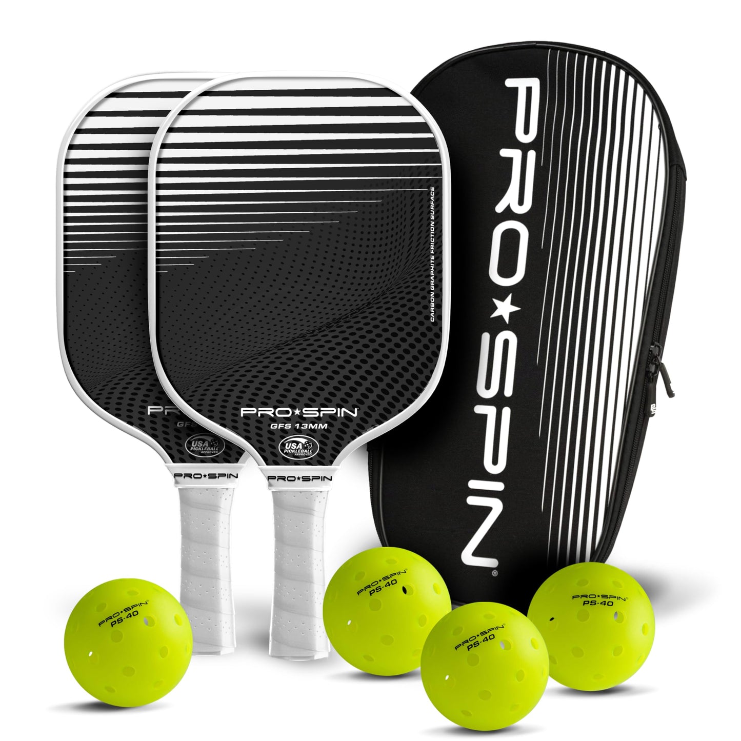 PRO SPIN Pickleball Paddles - USAPA-Approved Graphite Carbon Friction Surface Paddle - Set of 2 has Indoor/Outdoor Balls, Bag for Equipment & Accessories - Pickle Ball Gift for Women, Men, Kids