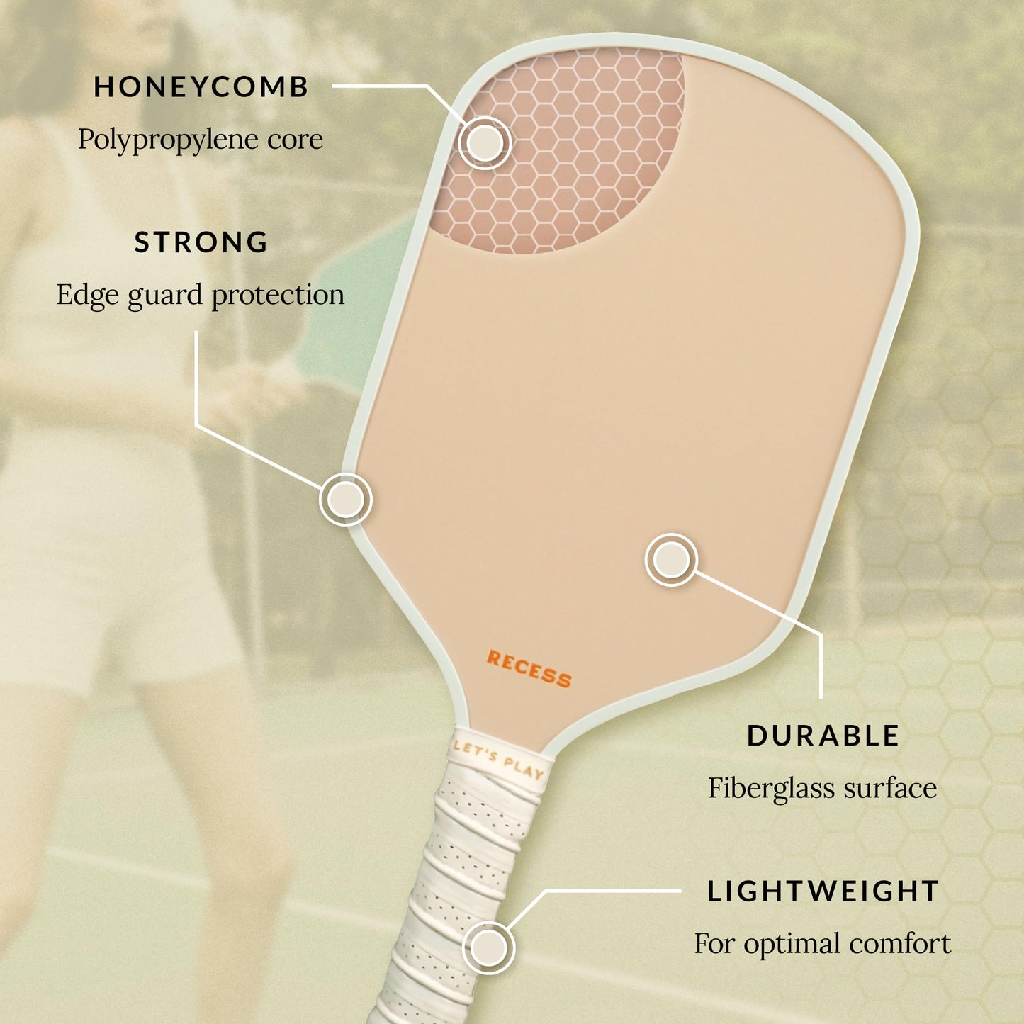 Recess Pickleball Starter Set of Premium Pickleball Paddles and Four (4) Pickle Balls - Lightweight, Honeycomb Core & Comfort Grip Handles - Perfect for Beginners