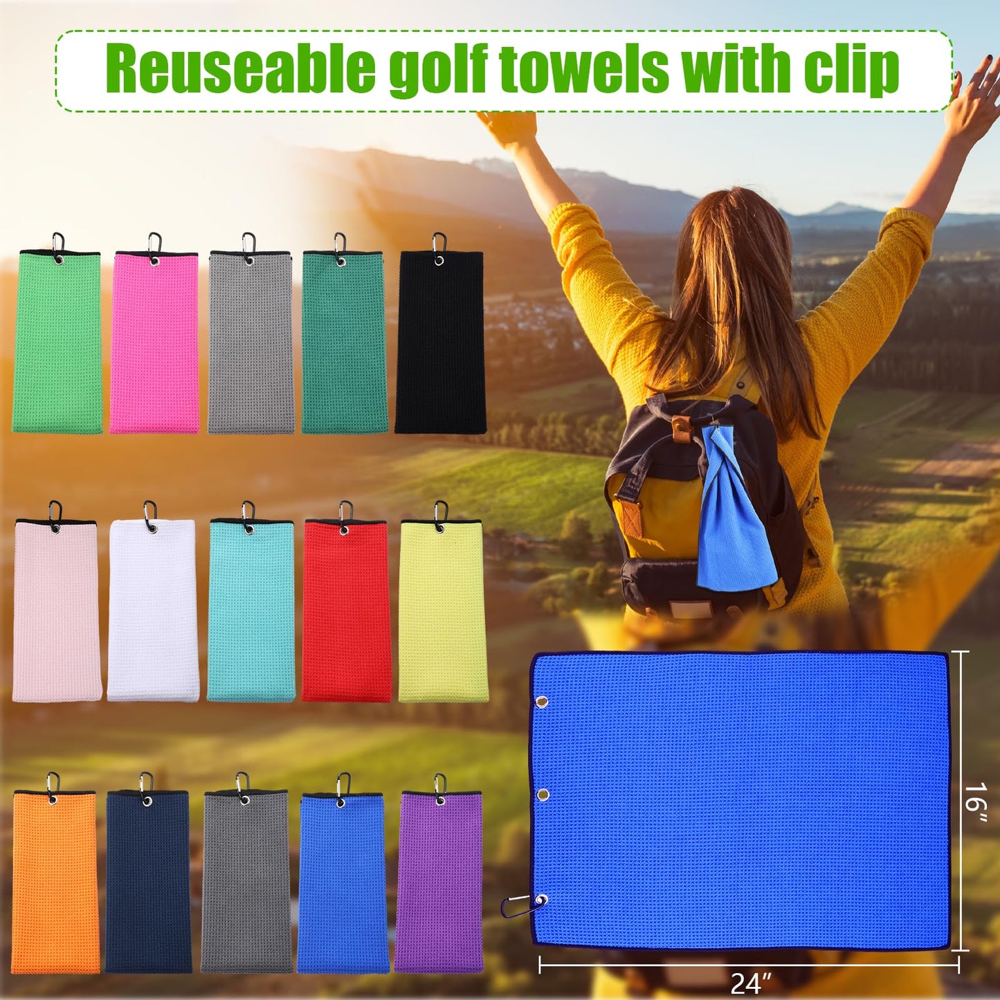 Batiyeer Golf Towels Bulk for Bags 16'' x 24'' Microfiber Waffle Pattern Golf Towels Trifold with Clip for Hiking,Tournament, Yoga