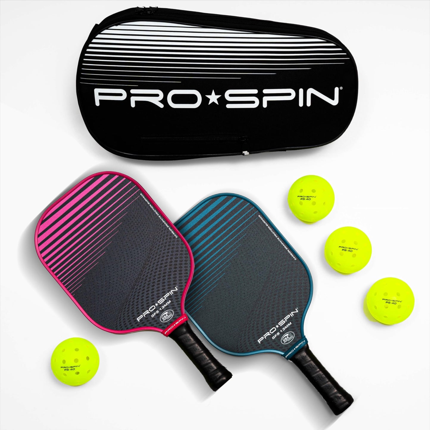 PRO SPIN Pickleball Paddles - USAPA-Approved Graphite Carbon Friction Surface Paddle - Set of 2 has Indoor/Outdoor Balls, Bag for Equipment & Accessories - Pickle Ball Gift for Women, Men, Kids
