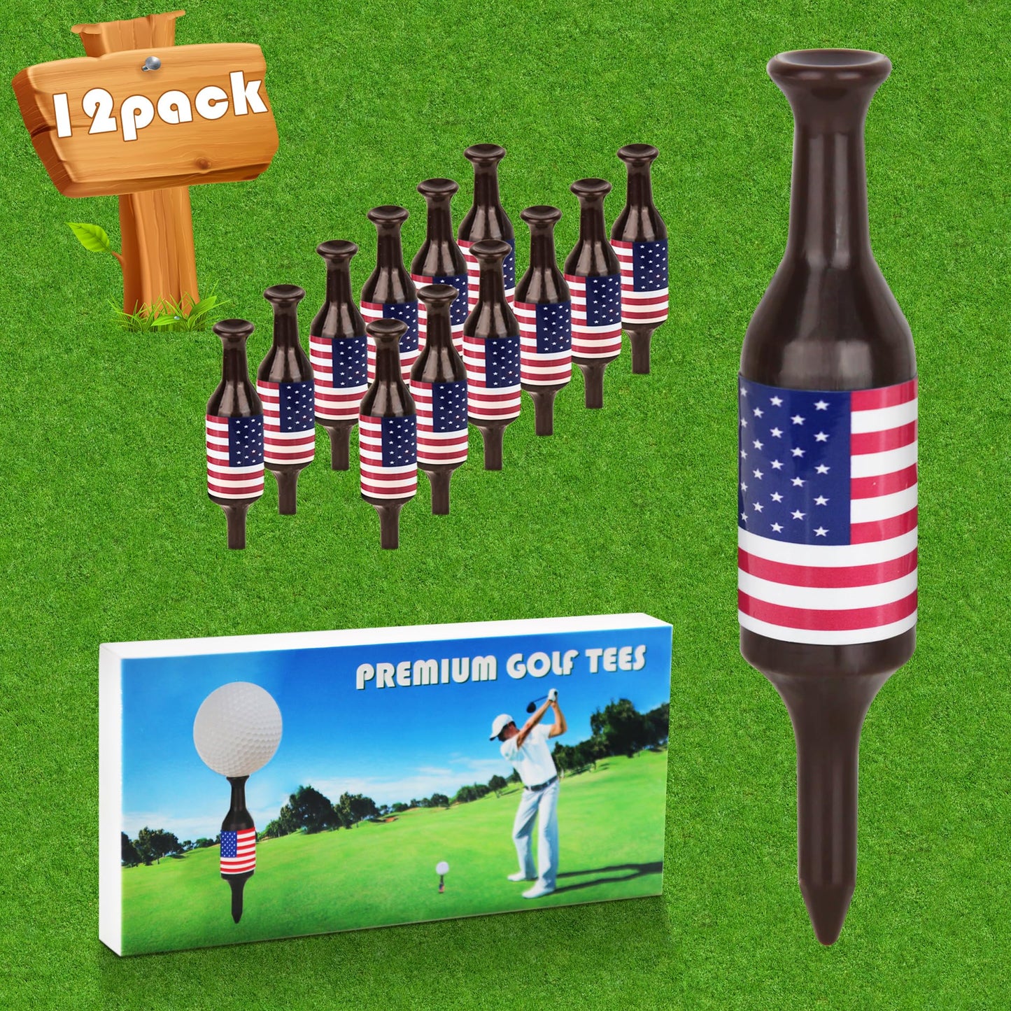 Golf Tees 12 Per Set, Golf Accessories, Beer Bottle Golf Tee Gifts for Men Women, Father, Golfers, 3.54" Tall, Plastic