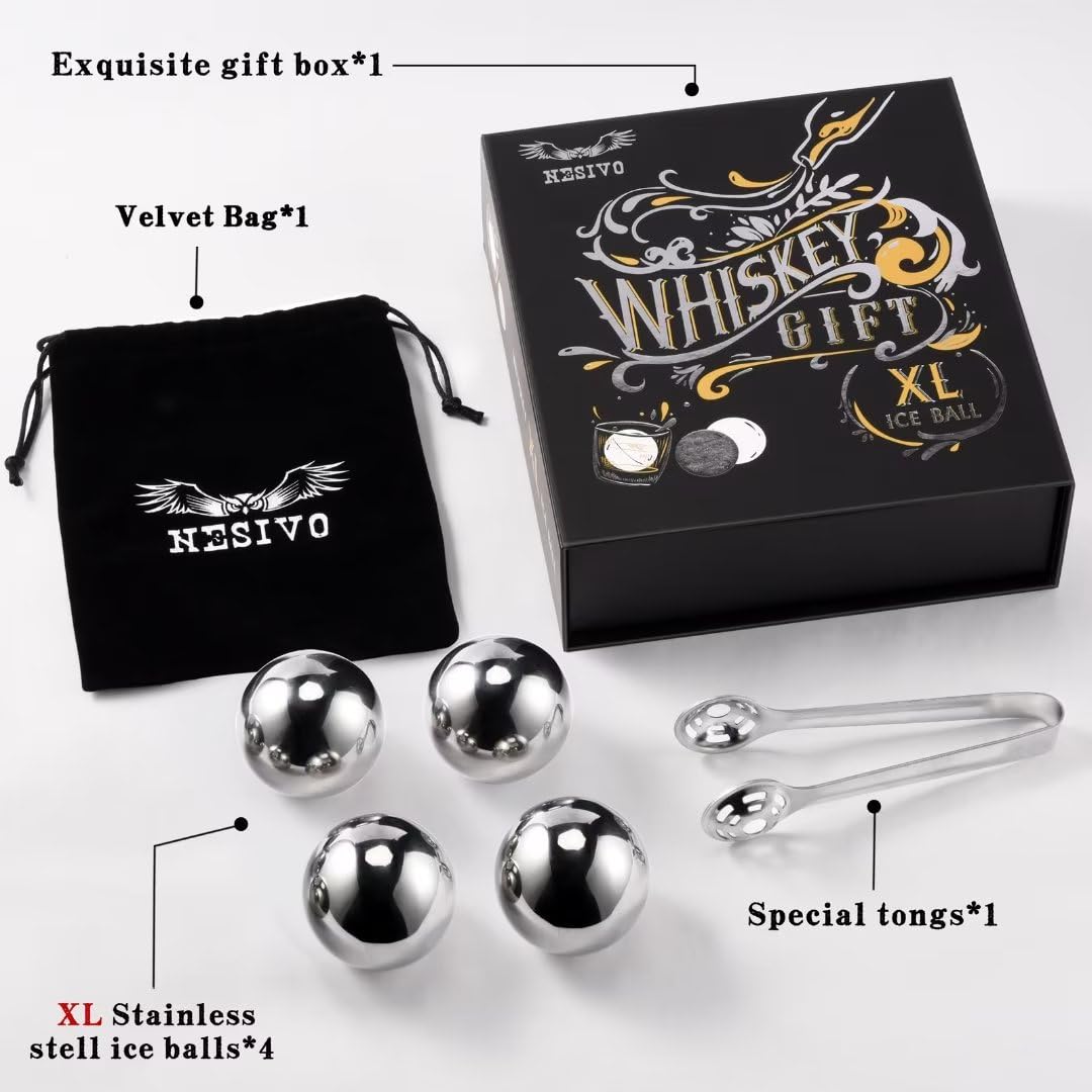 PONPUR Golf Gifts for Men Golfer, 4X Whiskey Golf Balls with 1 Tongs, Birthday, Anniversary, for Dad Him Husband, Reusable Stainless Steel Golf Ice Balls Whiskey Gift for Golf Lover