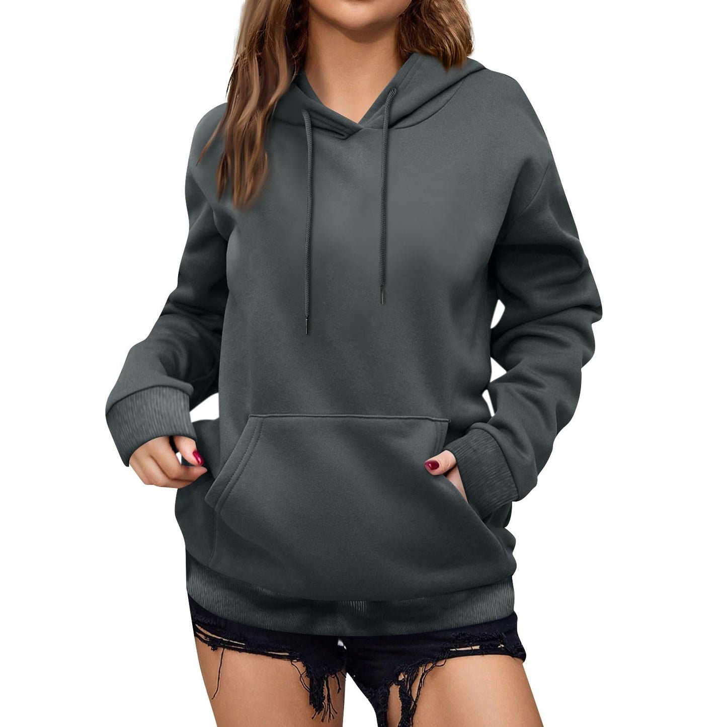 Women's Casual Hoodies Long Sleeve Lightweight Solid Pullover Tops Loose Fall Winter Sweatshirt with Pocket