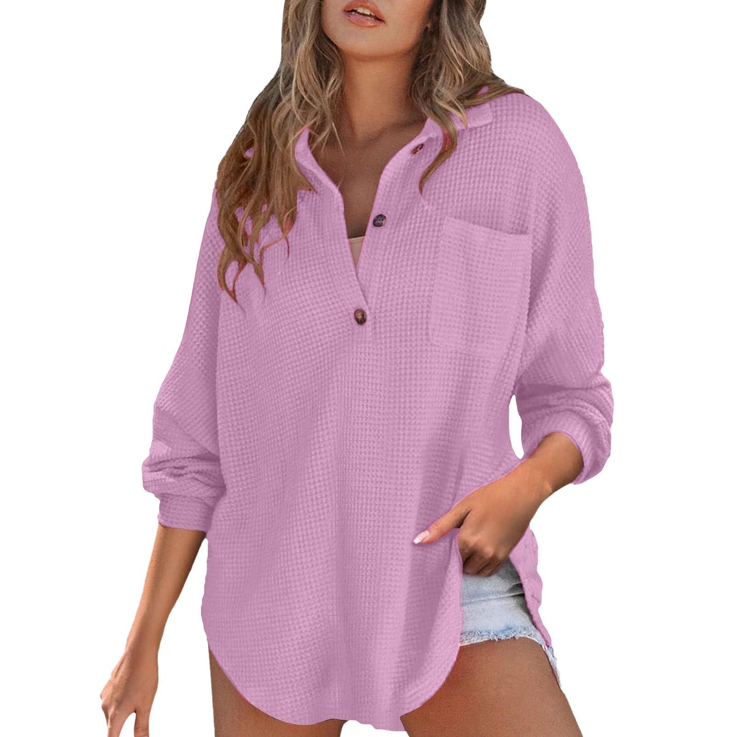 Waffle Knit Tops for Women Oversized Waffle Knit Shirt Cute Clothes Tops Sweatshirt for Women with Pocket