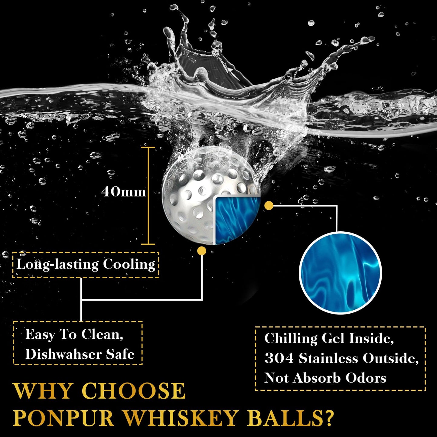 PONPUR Golf Gifts for Men Golfer, 4X Whiskey Golf Balls with 1 Tongs, Birthday, Anniversary, for Dad Him Husband, Reusable Stainless Steel Golf Ice Balls Whiskey Gift for Golf Lover