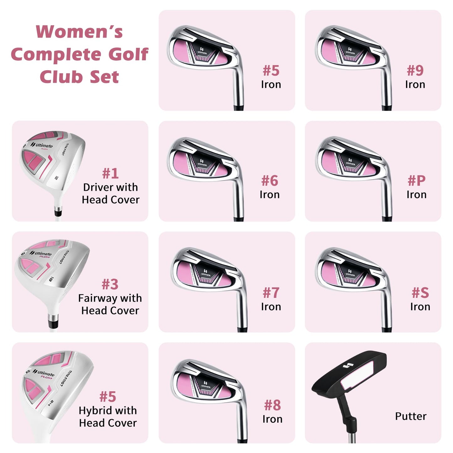 Tangkula 12 Pieces Women’s Complete Golf Club Set Right Hand, Golf Club Package Set with 460CC #1 Driver & #3 Fairway & #5 Hybrid & #5/#6/#7/#8/#9/#P/#S Irons, Putter, Portable Golf Cart Bag