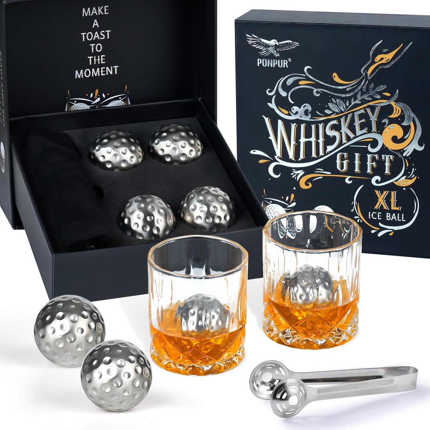 PONPUR Golf Gifts for Men Golfer, 4X Whiskey Golf Balls with 1 Tongs, Birthday, Anniversary, for Dad Him Husband, Reusable Stainless Steel Golf Ice Balls Whiskey Gift for Golf Lover