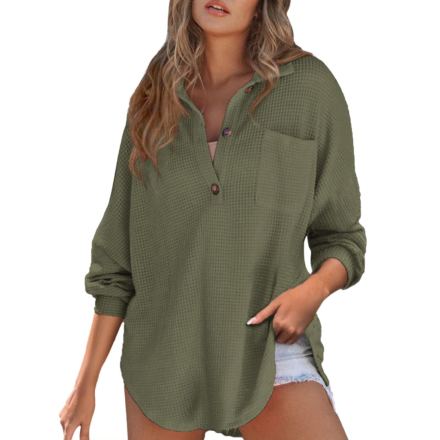 Waffle Knit Tops for Women Oversized Waffle Knit Shirt Cute Clothes Tops Sweatshirt for Women with Pocket
