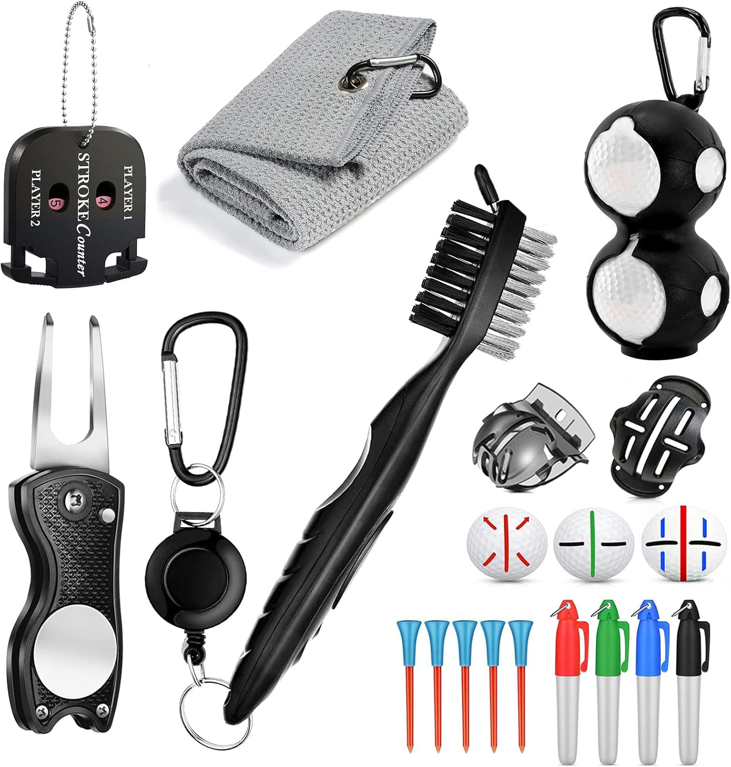Golf Cleaning Kit 16 in 1, Golf Towel, Cleaning Brush, Divot Repair Tool, Golf Ball Alignment Kit, Score Counter, Ball Holder & Tee, Golf Accessories, Make Perfect Golf Gifts for Men or Women!