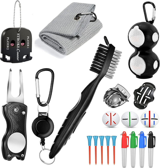 Golf Cleaning Kit 16 in 1, Golf Towel, Cleaning Brush, Divot Repair Tool, Golf Ball Alignment Kit, Score Counter, Ball Holder & Tee, Golf Accessories, Make Perfect Golf Gifts for Men or Women!