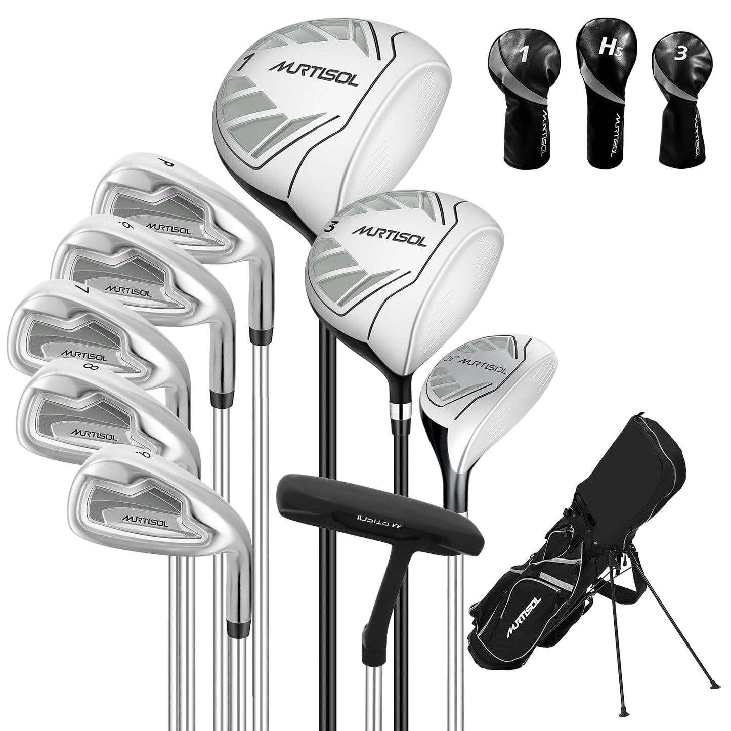 10 Pieces Complete Mens Golf Clubs Set Right Hand for Men Includes Stand Bag with Rain Hood, 1#Driver 3#Wood #5 Hybrid,with 3 Head Covers, 6# 7# 8# 9# PW# Irons and Putter