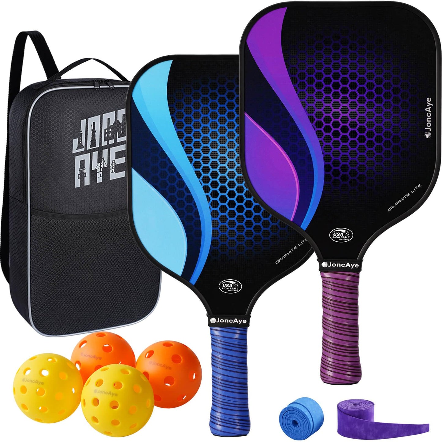 Pickleball-Paddles-Set of 4 or 2 Rackets by JoncAye, USAPA Approved Pickle-Ball Equipment with Balls, Bag, Accessories, Fiberglass Graphite Pickleball Racquet Set for Men, Women, Kids, Adults