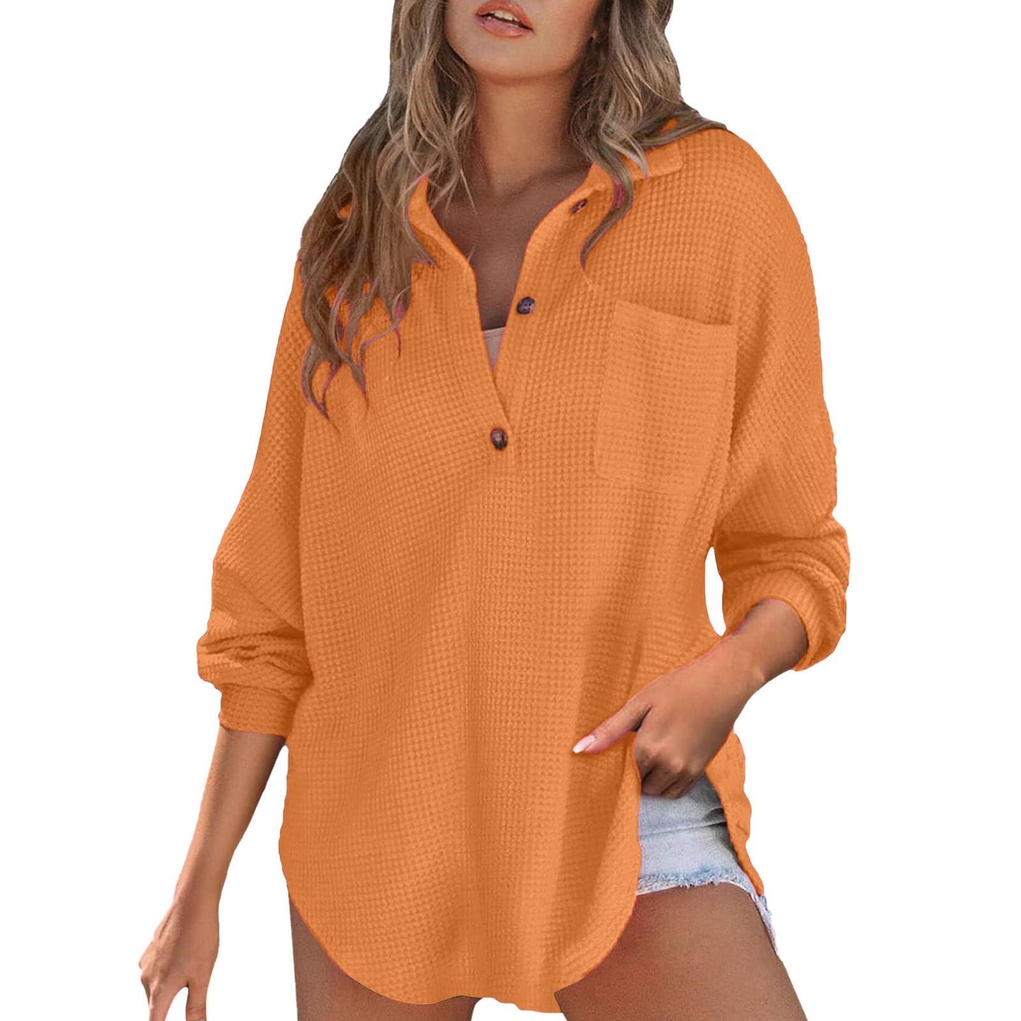 Waffle Knit Tops for Women Oversized Waffle Knit Shirt Cute Clothes Tops Sweatshirt for Women with Pocket