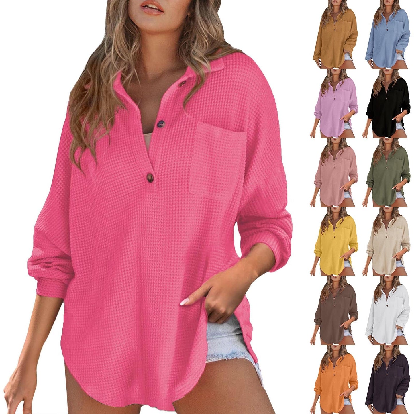 Waffle Knit Tops for Women Oversized Waffle Knit Shirt Cute Clothes Tops Sweatshirt for Women with Pocket