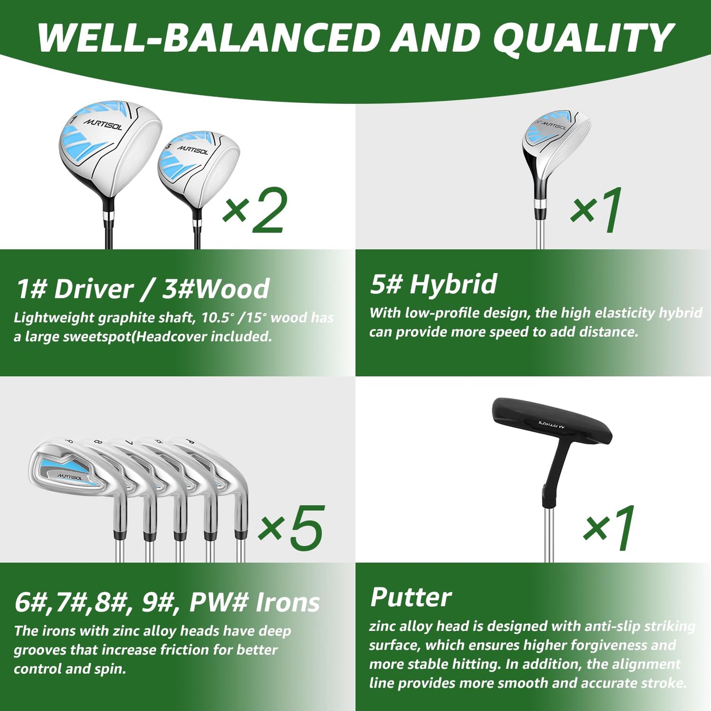 10 Pieces Complete Mens Golf Clubs Set Right Hand for Men Includes Stand Bag with Rain Hood, 1#Driver 3#Wood #5 Hybrid,with 3 Head Covers, 6# 7# 8# 9# PW# Irons and Putter